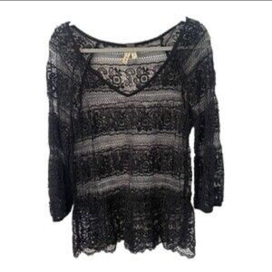 Free People Black Lace Long Sleeve Blouse